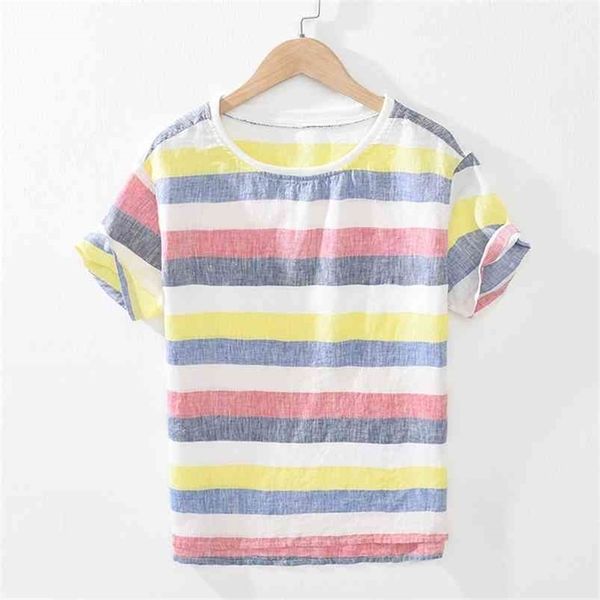 Uomo Estate Stile Giappone Girocollo Colore Caramella Striped Manica Corta 100% Lino Slim Fit Casual T-shirt Allentata Maschile Sottile Top Tee 210716