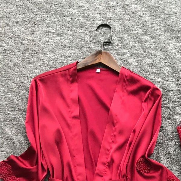 

spring 4 pcs satin pyjamas womens sleepwears with chest pad nightdress belt cardigan pajama set, Black;red