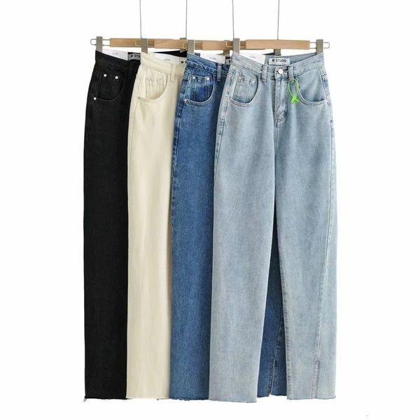 

women's jeans high-waist straight-leg casual 2021 spring and autumn loose front rear slit wide-leg pants, Blue
