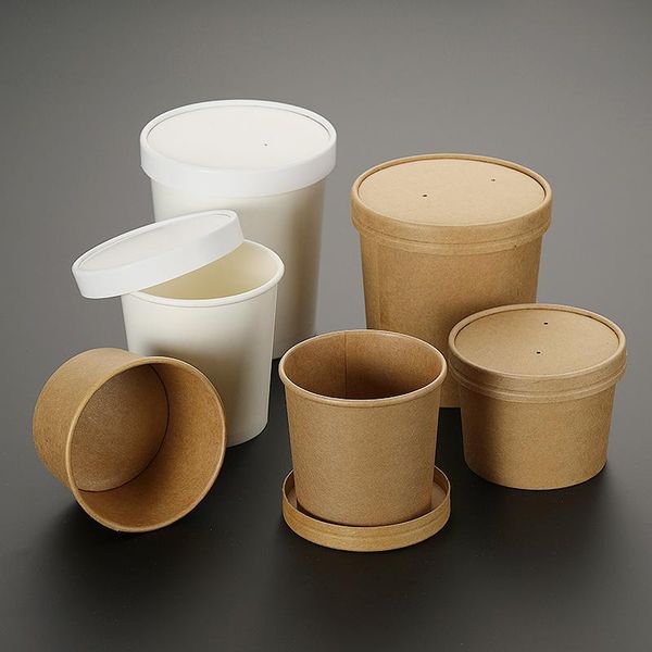 

disposable cups & straws 50pcs white/yellow kraft paper round soup 230ml/350ml/460ml food salad ice cream cup with lid