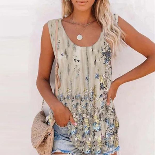 

women's blouses & shirts summer women casual sleeveless tank o neck floral printed spring loose causal vintage pullover blusa mujer, White