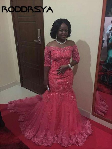 

party dresses elegant red lace mermaid evening dress with half sleeves off the shoulder plus size african, White;black