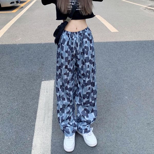 

women's pants & capris fired street casual plaid for women autumn vintage straight high waist loose bf style long wide leg trousers, Black;white