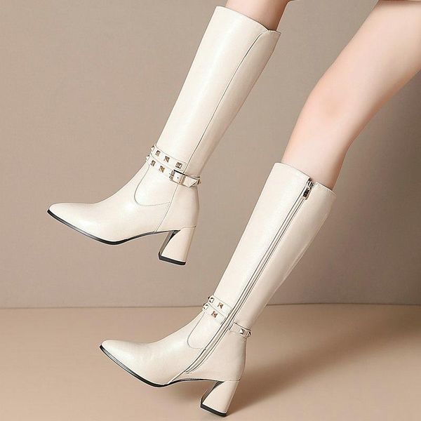 

boots genuine leather rivets knee high fashion shoes woman spring winter 2021 pointed toe thick heels women, Black