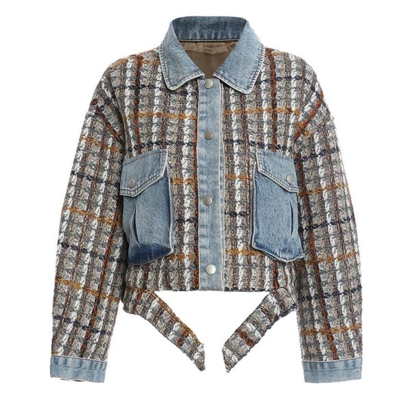 

women's jackets women woolen plaid winter jacket denim spliced thick casual jakcet coat, Black;brown