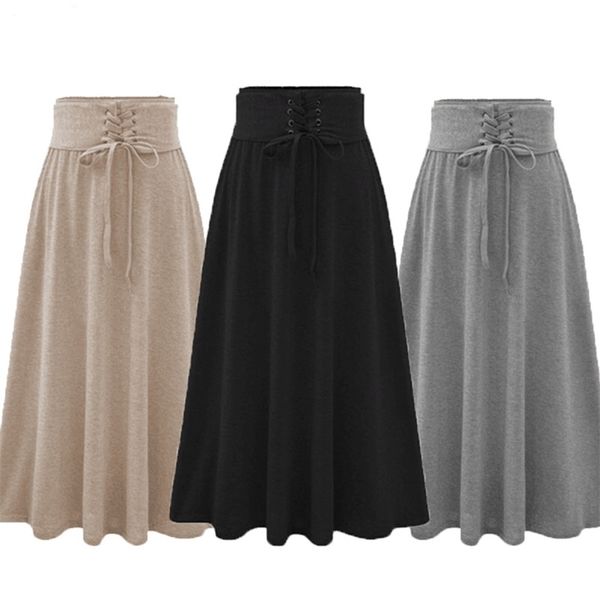 

zogaa high waist bandage pleated long skirts women's elastic waist plus size a-line skirts hip slim long loose cotton skirts 210412, Black