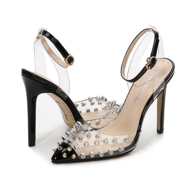

dress shoes maiernisi big size women pumps fashion pointed super high heels rivet transparent high-heeled sandals 2021, Black