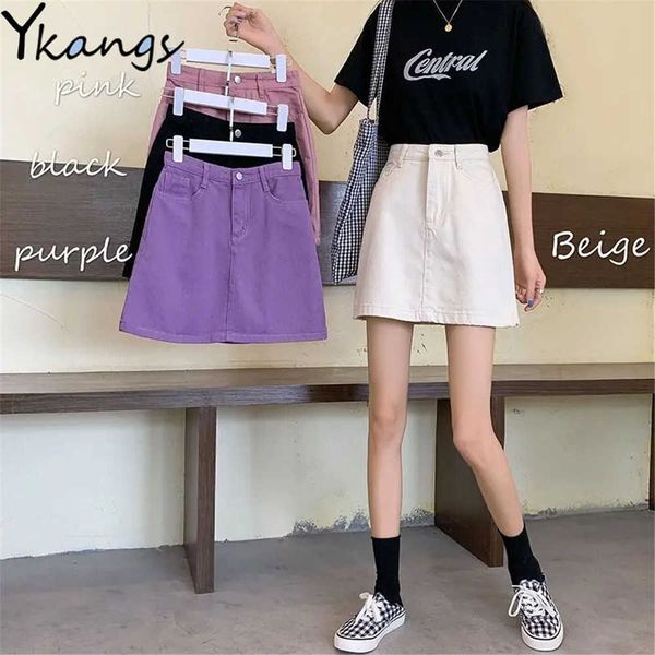 

solid color simple denim mini skirt women cotton casual high waist black short jeans skirt slim all-match a-line streetwear 210619