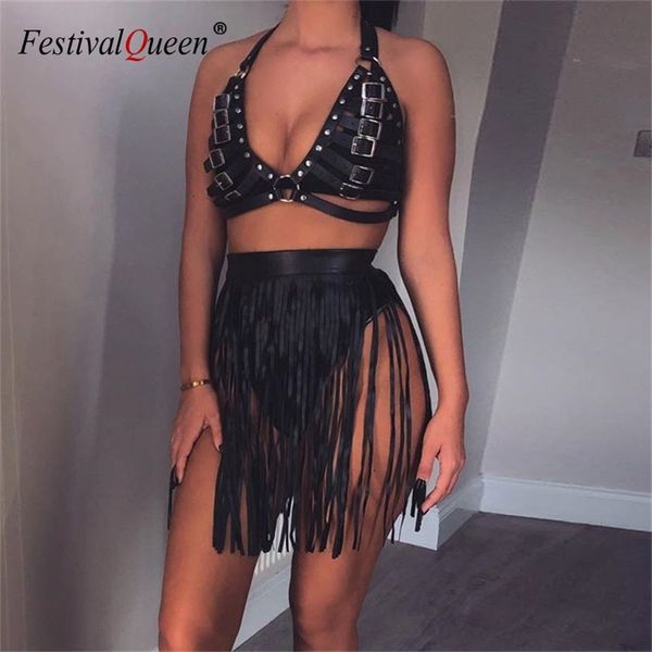 

black faux leather two piece set buckle metal rivet low cut backless crop button tassel mini skirts punk party outfits 210730, White