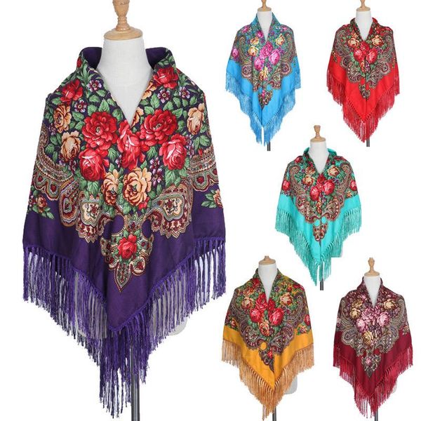 

scarves 14 color women printing russia style national designs with four sides tassel large squar shawl scarf oversize wrap 135cm*135cm, Blue;gray