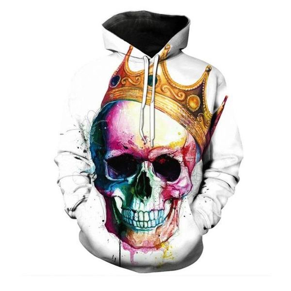 

halloween skull crown pattern men's 3d printing hoodie visual impact party punk gothic round neck sweatshirt hoodie, Black