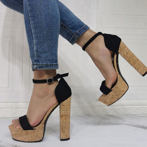 

sandals 2021 brand large size 47 platform ankle strap party wedding block extreme high heels summer women's shoes, Black