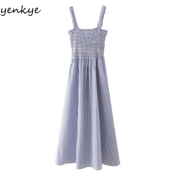 

sweet women blue striped sling long dress elegant female sleeveless cotton casual summer vestido 210514, Black;gray