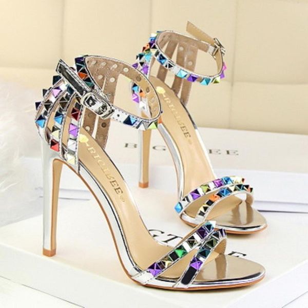 

dress shoes summer ladies fashion sandals high heel stiletto open toe set foot buckle hollow color rivet nightclub women's, Black