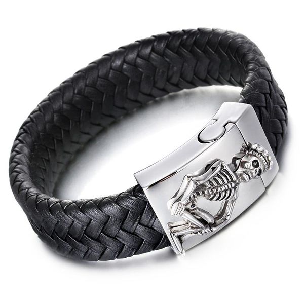 

charm bracelets haolynjoy leather wide wristband men's bracelet skull prince stainless steel punk jewelry gift, Golden;silver