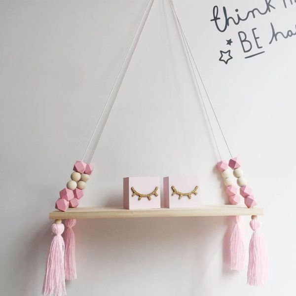 

nordic children room decorative storage rack double wooden bead tassels shelves wall rope hanging shelf home kids decoration other decor