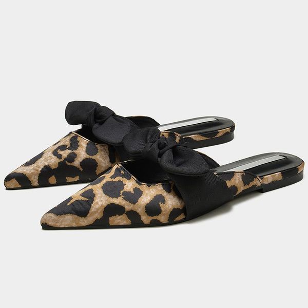 

slippers bow soft female shoes mules for women beige leopard heeled sandals square toe luxury slides comfort flat, Black