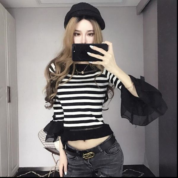 

sweet striped ruffles knitted shirts women sweater o neck flare sleeve stitching bowtie pullover spring, White;black