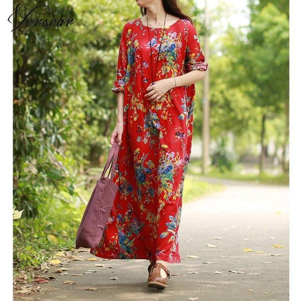 

casual dresses versear women maxi long dress sleeves pockets o neck plus size cotton linen loose floral print robe vestidos benq, Black;gray
