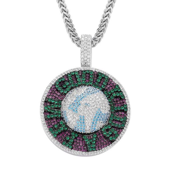 

pendant necklaces hip hop 3a+ cz stone paved bling iced out afgk rotatable earth round pendants necklace for men rapper jewelry drop, Silver