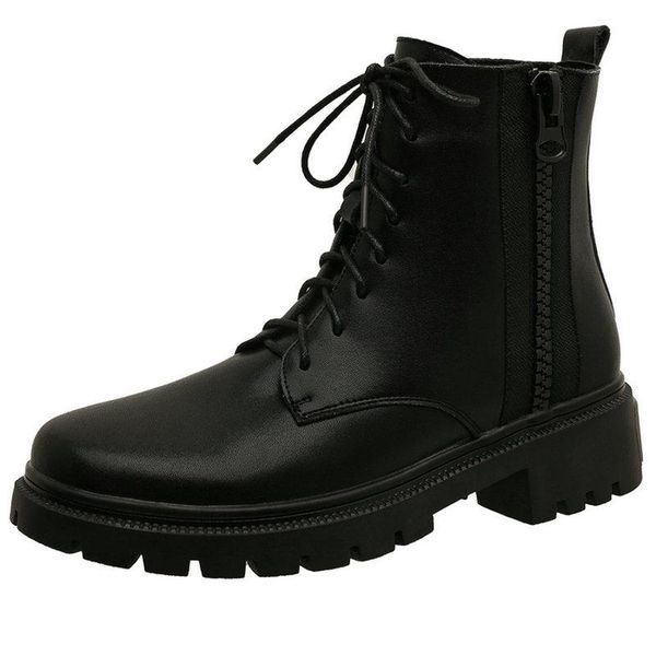 

boots genuine leather women's ankle motorcycle vintage retro side zipper chunky high heels winter shoes woman size 41 42, Black