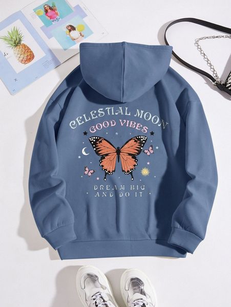 

slogan & butterfly print drawstring thermal lined hoodie c77n#, White;black