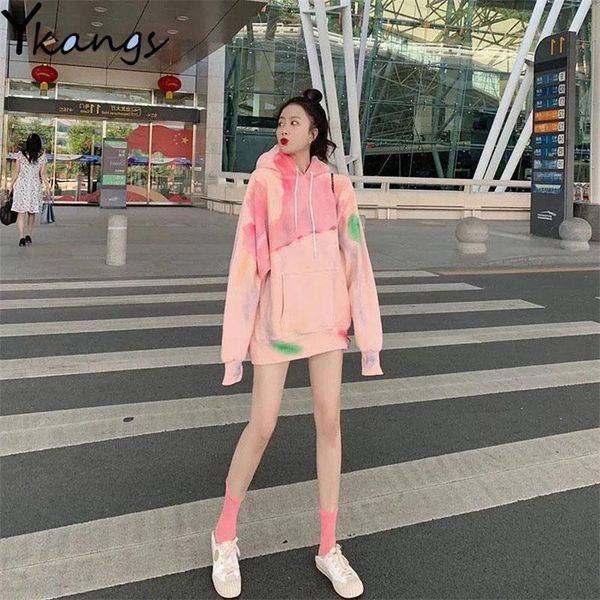 

women's hoodies & sweatshirts casual harajuku tie dye women 2021 korean y2k kawaii pink loose female fashion pullovers high street clot, Black