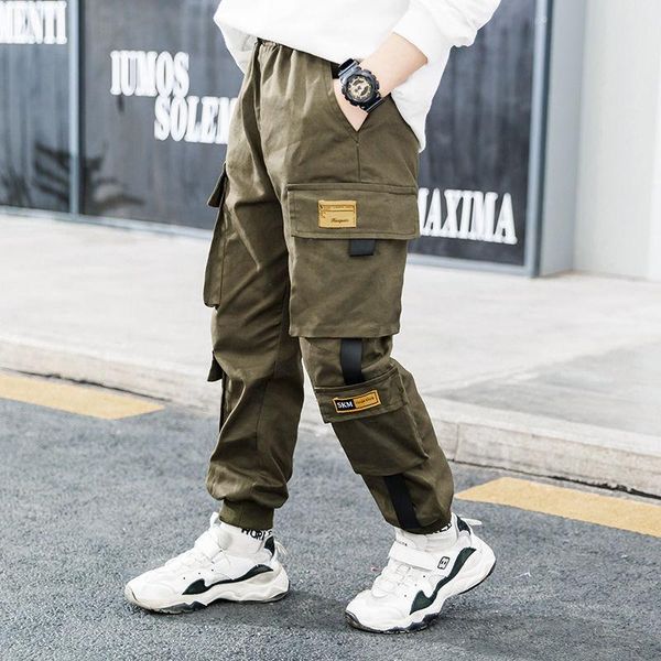 

boy pants 4-13years old cotton trousers overalls label big pocket fall clothes for kids korean loose, Blue
