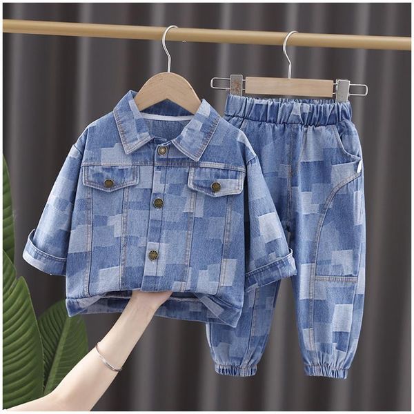 

clothing sets style children denim coat tracksuit boys turn-down collar cardigan jacket jean pant 2pcs set toddler kids clothes, White