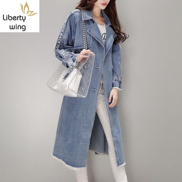 

women's trench coats korean fashion women long denim coat spring autumn double breasted slim blue outerwear streetwear casual sashes wi, Tan;black