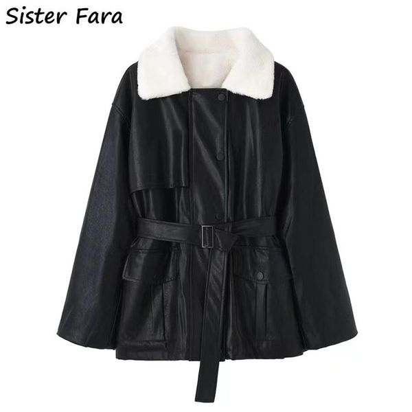 

women's leather & faux sister fara 2021 winter women long pu jacket coat big fur collar loose thicken outwear female, Black