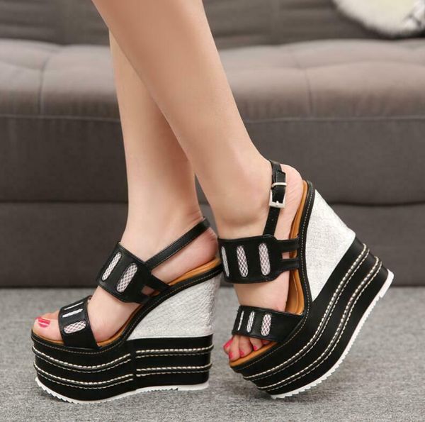 

dress shoes high wedge heels peeptoe sandals night clun platform pumps slingbacks, Black
