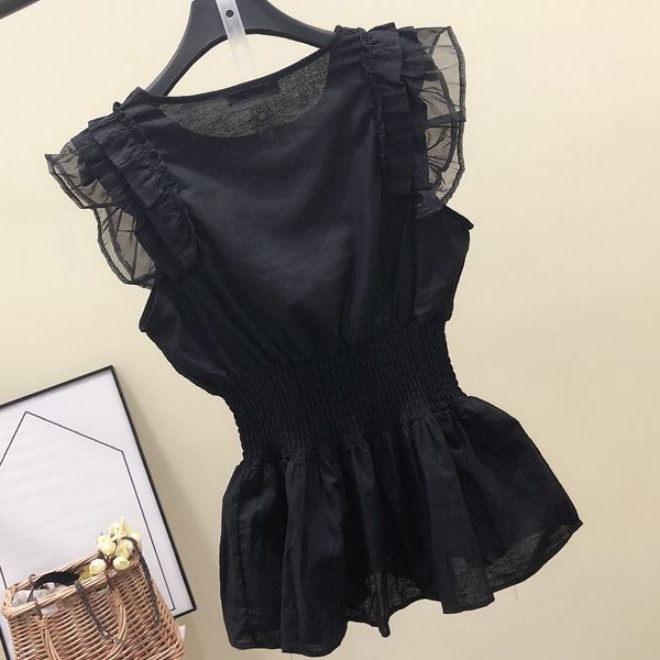 

women's blouses & shirts ruffled sleeveless mesh patchwork blouse black o-neck elastic waist slim female summer ladies cloth, White
