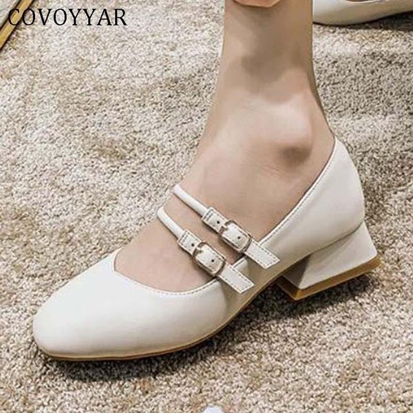 

dress shoes covoyyar buckle woman spring low thick heel lady pumps pu leather mary janes quality work whh222, Black