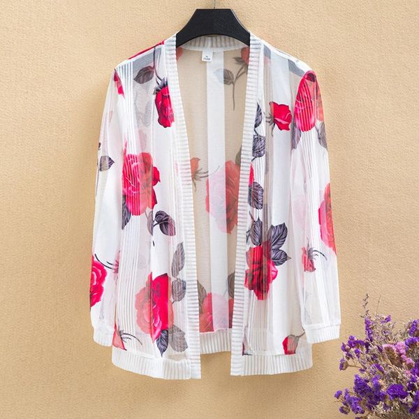 

women's blouses & shirts summer large size long sleeve printed thin chiffon cardigan shirt solid color sunscreen mid-length blouse l201, White