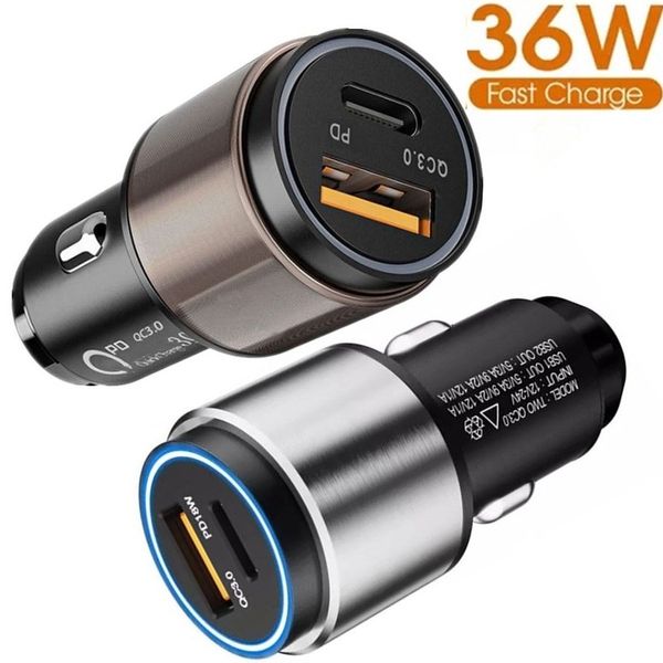 

36w quick charging type c pd qc3.0 dual usb ports car charger alloy adapter for iphone 7 8 11 12 samsung htc android phone gps pc