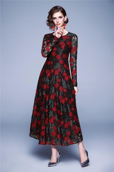 

casual dresses elegant designer women dress spring autumn ladies maxi lace lady office party robe vintage vestidos, Black;gray