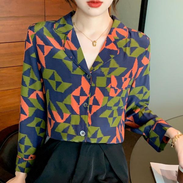 

women's blouses & shirts women blouse 2021 autumn fashion shirt long sleeve clothes button up geometric printed v neck 860i, White