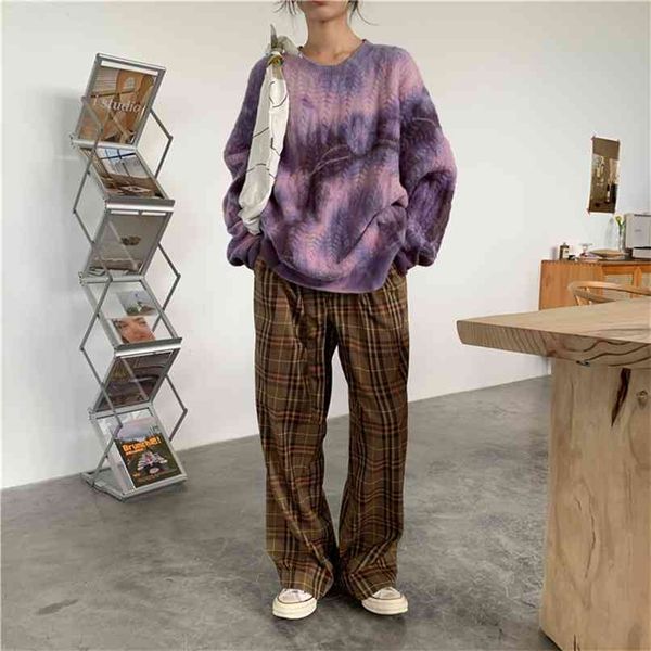 

chic gradient color sweater female autumn pullover tie-dye women loose retro knitwear winter large oversize pulls 210601, White;black