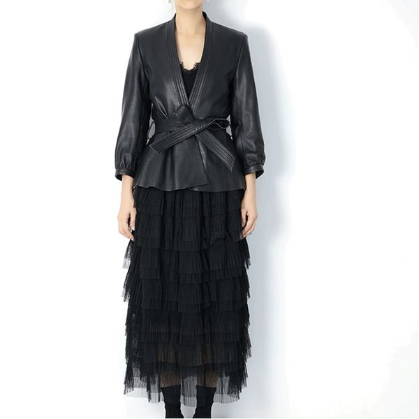 

jackets natural women lambskin v-neck jacket long sleeves 100% sheepskin leather, Black;brown