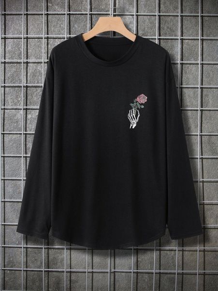 

men rose & skeleton finger print drop shoulder tee m72p#, White;black