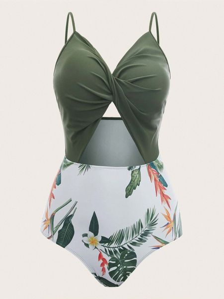 

plus plant print cut-out twist one piece swimsuit g2my#, Black