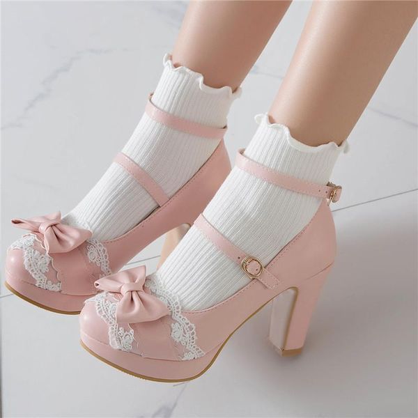 

dress shoes agodor lolita big size womens high heels platform bow pumps with buckle ankle strap spring cute rockabilly woman pin, Black