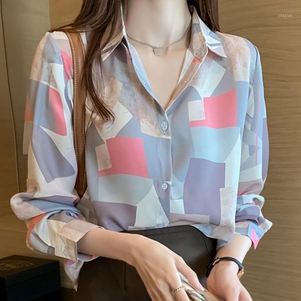

long sleeve turn down collar office blouse shirt women blusas mujer de moda 2021 print chiffon blouses d632 women's & shirts, White