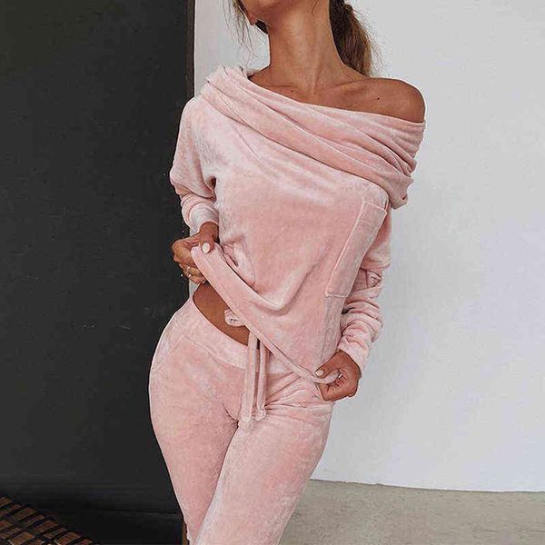 

off the shoulder velvet women's pajamas jogging sports home clothes female autumn winter comfortable sleepwear for girls 211109, Black;red