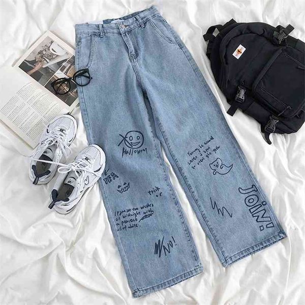 Jeans da donna Summer Streetwear Hip Hop Blue Vita alta Vita dritto Denim Pantaloni BAGGY Fashion Wide Gamba Mama Cowboy Pantalone 210922