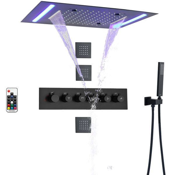 Matte schwarze thermostatische Duschkopf 50x36 cm mit LED -Bedienfeld Bad Multifunktion Wasserfall Niederschlag Atomization