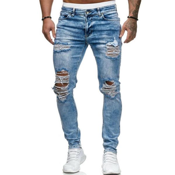 

men's jeans men clothing hole ripped pencil pants hip hop style stretchy long casual male skinny denim biker trousers, Blue