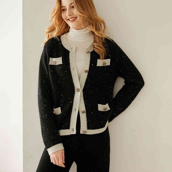 

women's jackets 100% pure cashmere sweater cardigan european season winter color contrast bright silk, Black;brown