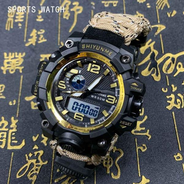 

wristwatches shiyunme outdoor fashion digital watch men shockproof 5bar waterproof dual time wristatches led chrono alarm mens watches, Slivery;brown
